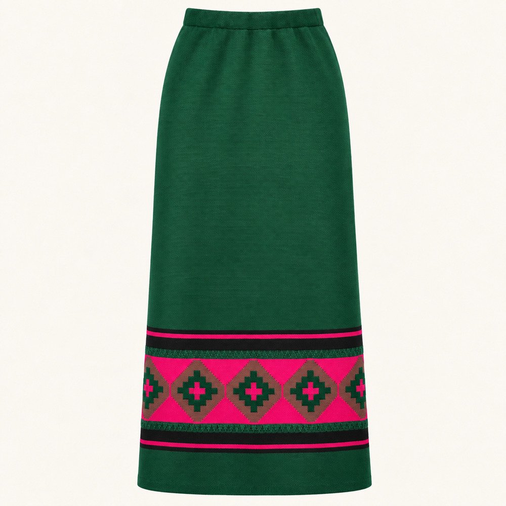 Vintage 70s Dalton Emerald Green Knit Maxi Skirt Pink Geometric Border S/M